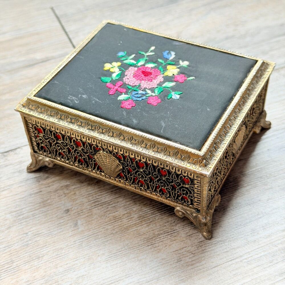 Vintage Jewelry Box Music Brass Floral Embroidered Sankyo Gold Tone Red Velvet